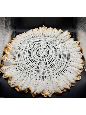 Handmade Crochet Doily Scalloped Yellow Edges Sunflower Design Vintage 18 “